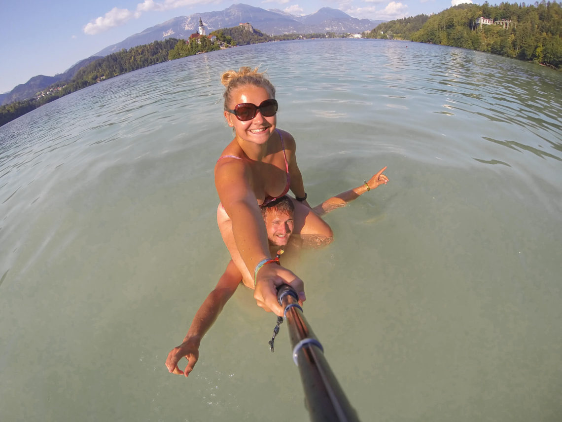 Gemma and Campbell playing in Lake Bled 
