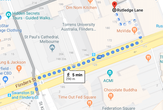 Map from Flinders Street Station to Rutledge Lane