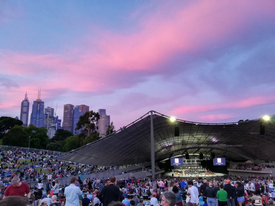 A pink sky over the Sidney Myers music bowl in the Botanical gardens
