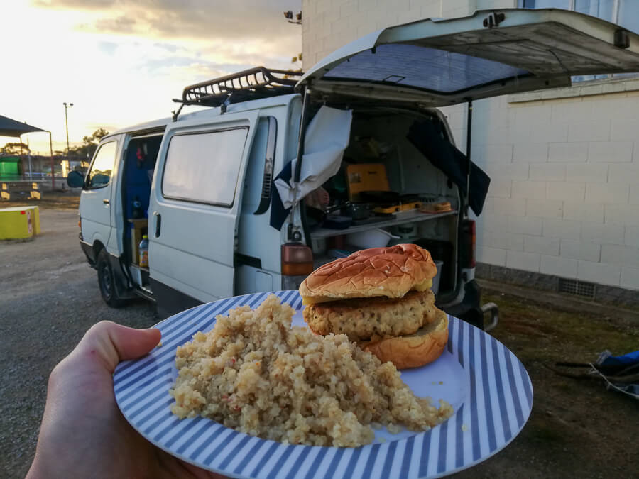 vegetarian Burger in a bun with a side of quinoa