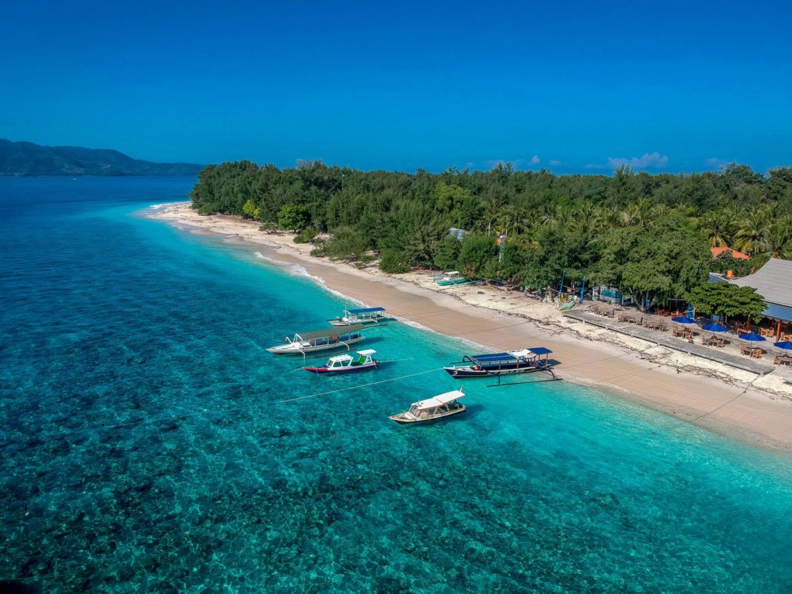 A drone shot of the Gili Meno beaches