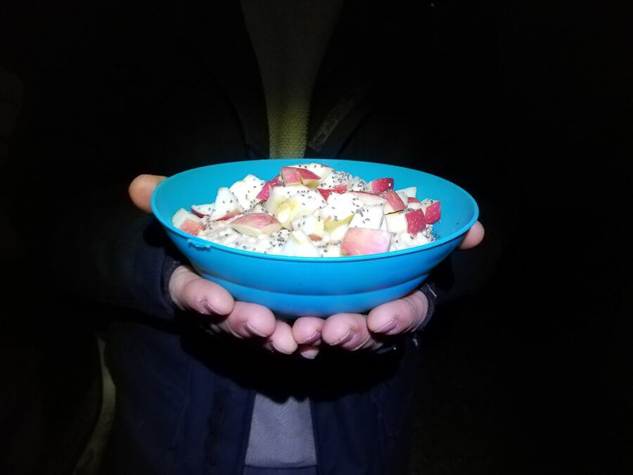 A bowl of porridge with peanut butter and a chopped apple.