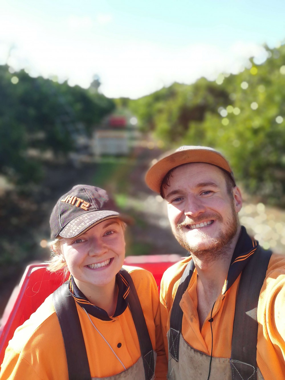 gemma and campbell working on an orange farm