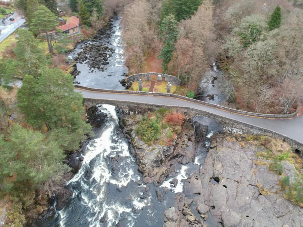 drone photo of the falls of dochart