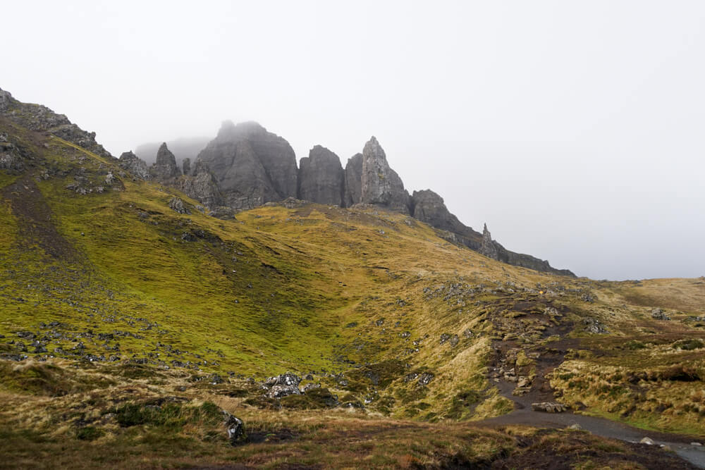 View of the Old Man, shrouded in clouds, from the bottom view point.