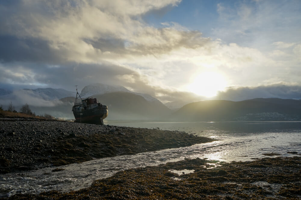 Corpach Shipwreck with Ben Nevis in the backdrop.