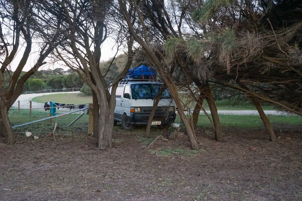 Our cosy camping spot at Stokes Bay Campground.