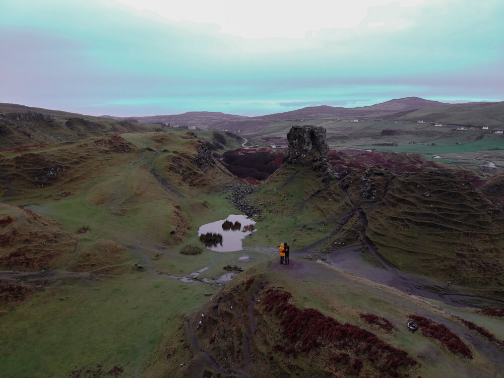 drone shot of the fairy glens