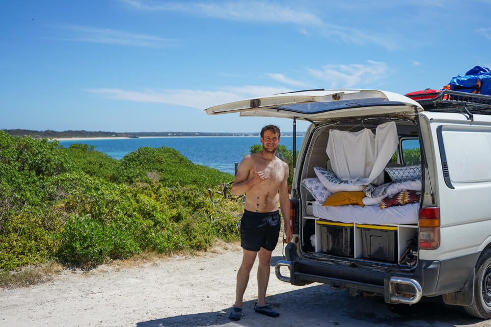 campbell in the van at brown beach