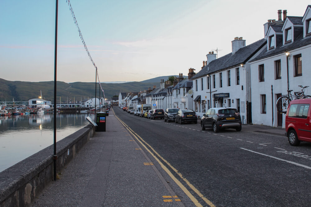 The sun sets over the Ullapool high street.