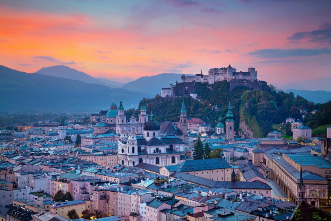 a picturesque sunset over salzburg