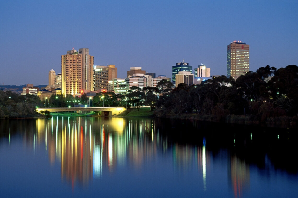 reflections of the Adelaide skyline on water