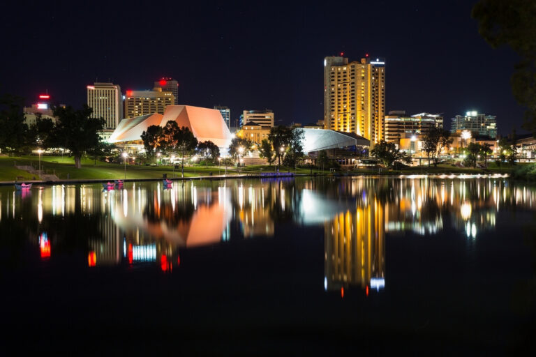 reflections of the Adelaide skyline on water