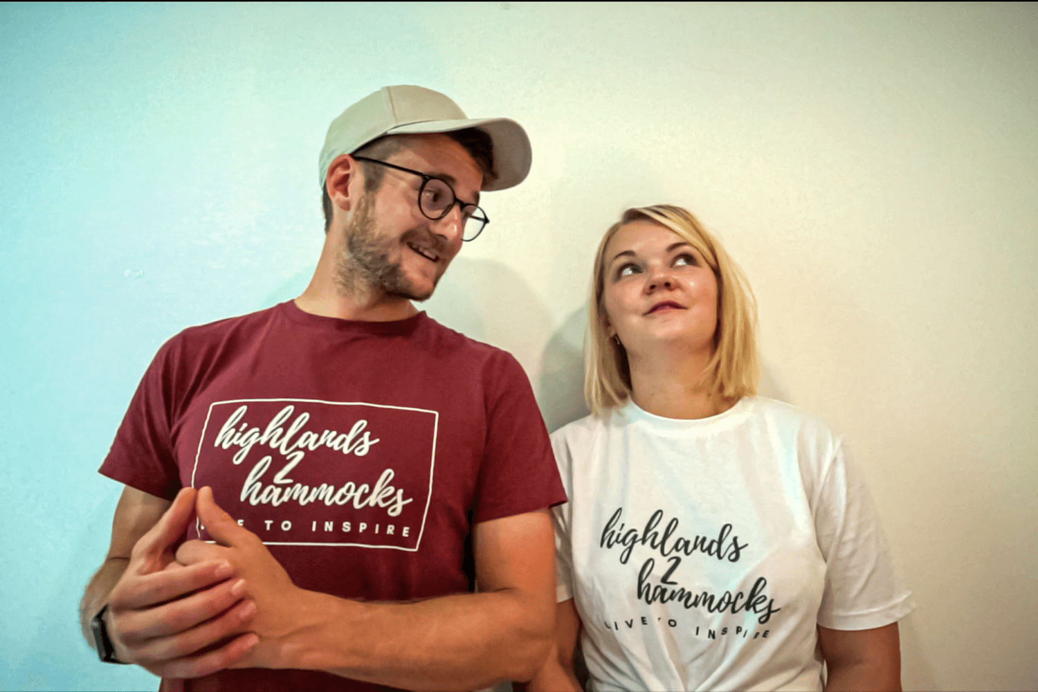 couple standing in red and white tshirt