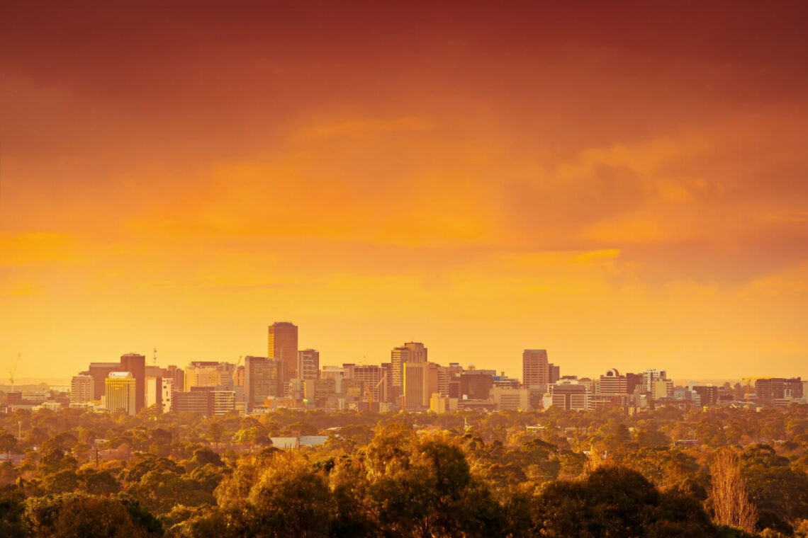 A golden sunset over the vibrant city of Adelaide. 