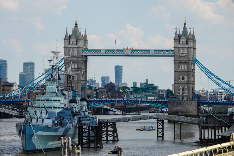 View of Tower Bridge and HMS Belfast from London Bridge.