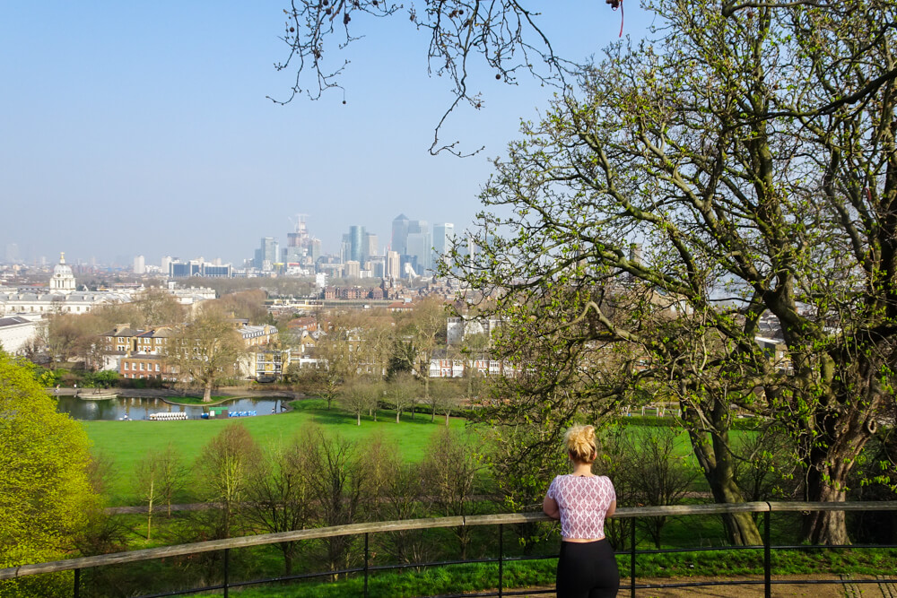 The stunning view of the Isle of Dogs in East London from the top of Greenwhich Park.